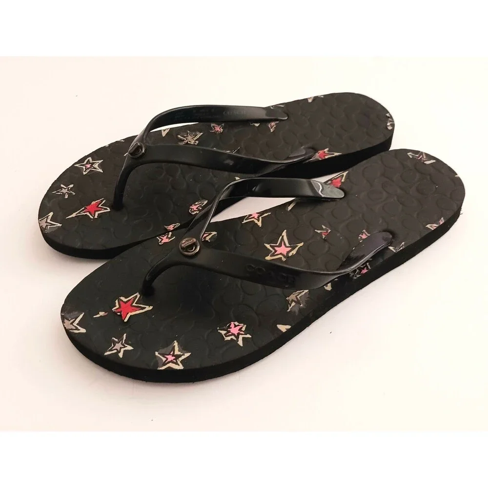 Coach Abbigail Turnlock Flip Flops Black C Logo Embossed Insole w Stars Sz 9 - Picture 2 of 9